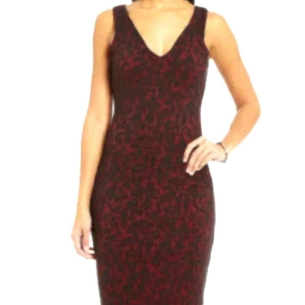 Michael Kors Bodycon Dress Sleeveless V-Neck Burgundy Black Pattern Lace Size 2
